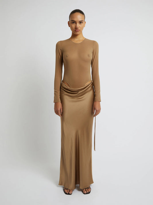 SHEER TORSO LONG SLEEVE DRESS