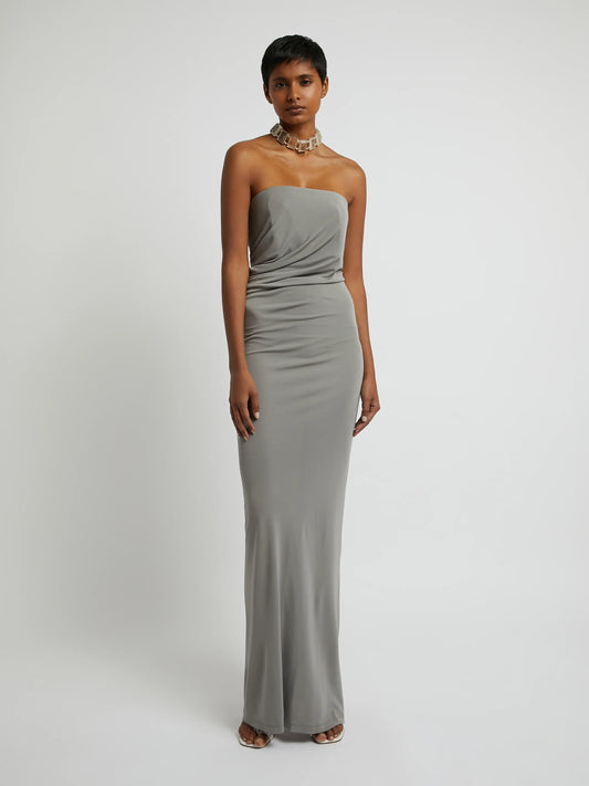 STRAPLESS RUCHED DRESS CONCRETE