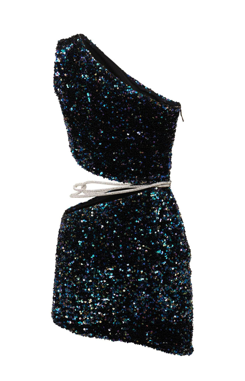 Nué One-Sleeve Spiral Crystal Bra Mini Dress